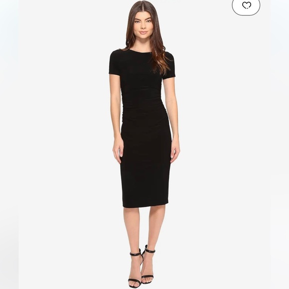 NORMA KAMALI Short Sleeve Crew Neck Shirred Waist Dress - Picture 1 of 4